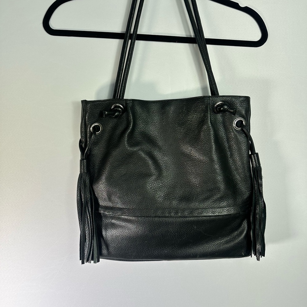 Black Leather Bag with Fringe Detail